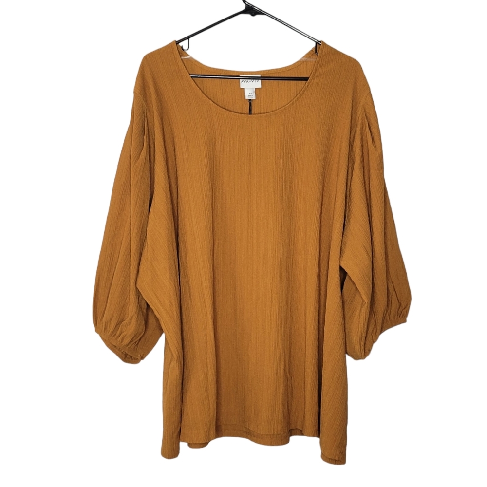 Ava & Viv 3/4 Puff Sleeve Scoop Neck Blouse in mustard yellow